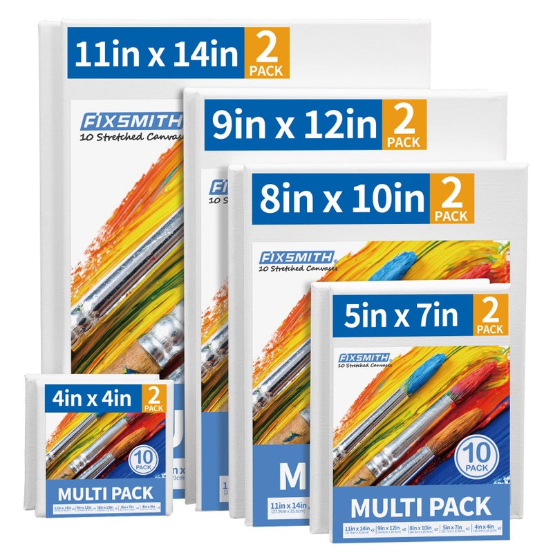 FIXSMITH Stretched Canvas for Painting- 10 Pack Multisize 4x4,5x7,8x10,9x12,11x14 (2 of Each),100% Cotton,Primed,for Acrylic,Oil,Other Wet or Dry Art Media,for Artists,Kids,Beginners and More. - Image 1